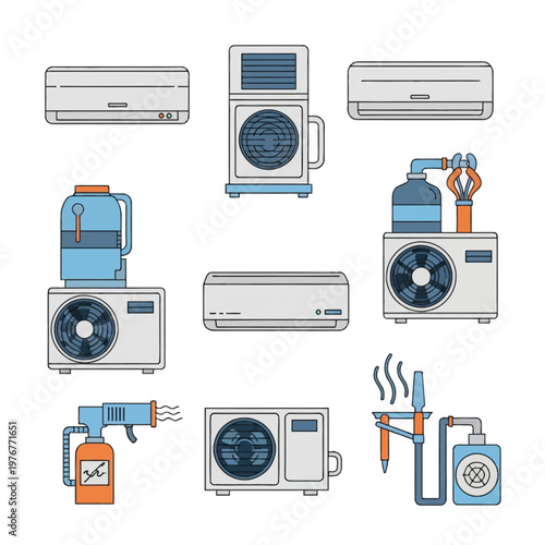 Vector illustration set of HVAC maintenance icons featuring wall-mounted split system air conditioners, outdoor compressor units, refrigerant gas cylinders, and heating tools.