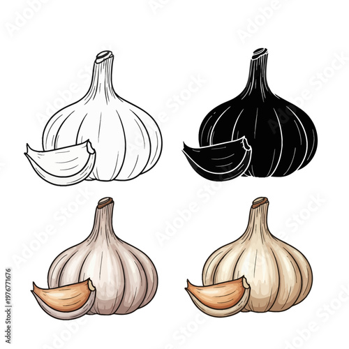 Collection of four garlic bulb and clove illustrations featuring line art, black silhouette, and realistic color variants, isolated on a white background for food and cooking graphics.