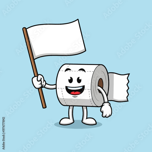 Cartoon toilet paper roll mascot character with a smiling face holding a blank white flag or surrender banner, isolated on a blue background, humorous hygiene vector illustration.