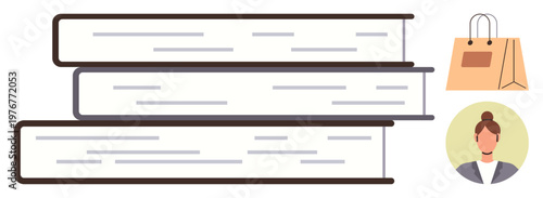 Education, shopping, personal growth, e-commerce, study materials, market research. Stack of books, shopping bag female profile. Education and shopping concept