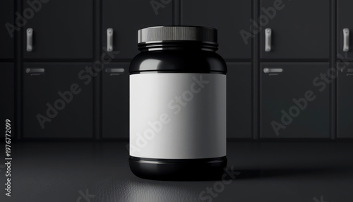 A black plastic supplement bottle with a blank label sits on a dark floor in front of a row of black lockers.