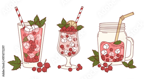 Red Currant Drinks with Ice and Mint Leaves Set. Isolated Refreshing Summer Cocktail with Berry, Ice Cubes and Mint Leaves. Vector Illustration.