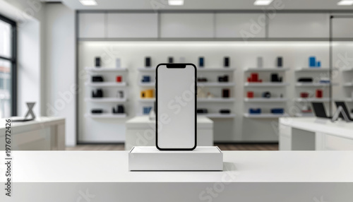 A smartphone on display in a modern electronics store with various gadgets and devices in the background