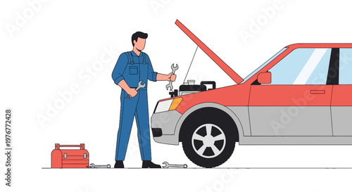 Car mechanic in blue uniform repairing vehicle engine with wrenches in garage cartoon vector illustration in flat design style