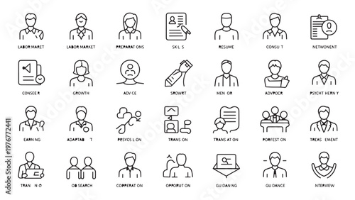 Line-style professions and career roles icon set with lawyer, doctor, and businessman symbols.