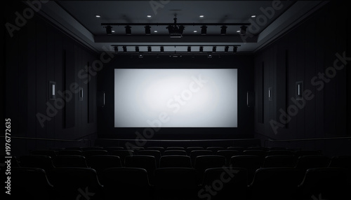 A dimly lit movie theater with a large blank screen and empty seats