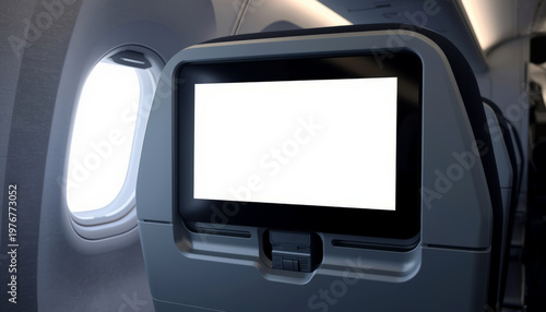 An in-flight entertainment screen mounted on the back of an airplane seat with a window showing bright light