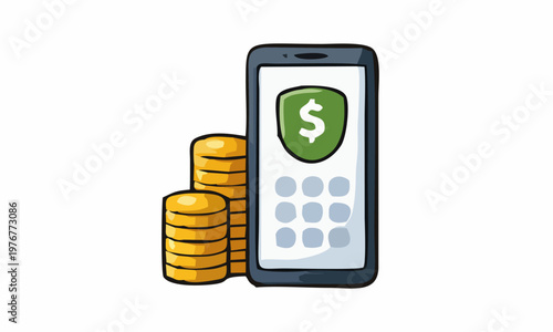 line art color of mobile banking or digital payments cartoon illustration