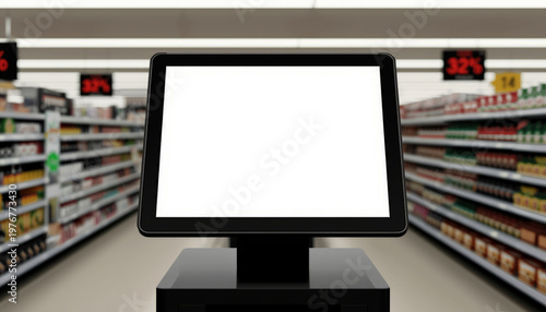 A cash register with a blank screen sits on a counter in a grocery store aisle