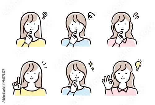 明るいパステルカラーの女性人物イラスト 表情ポーズ6点セット（疑問・解決）