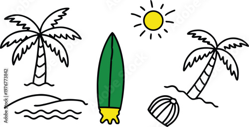 A collection of hand-drawn sketch illustrations featuring summer beach.