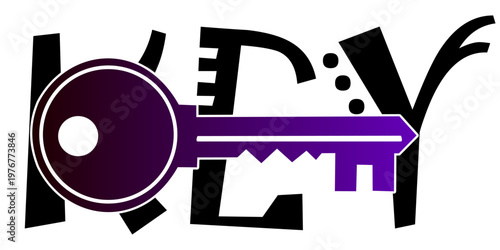 Purple Key Vector Icon with Stylised Typography Text for Security and Access Concept.