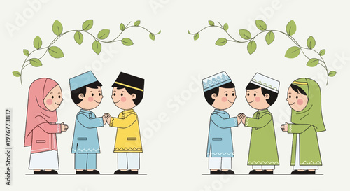 Cartoon Muslim kids celebrating Eid al-Fitr wearing traditional clothes shaking hands greeting each other in vector illustration style