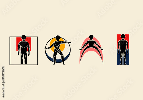 Set of Bauhaus Inspired Geometric Human Figure Icons and Abstract Silhouettes for Modern Graphic Design and Minimalist Art Branding