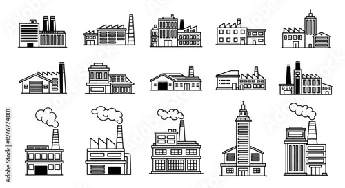 Set of fifteen black and white line art icons depicting various industrial factory buildings, warehouses, manufacturing plants, and power stations with smoke stacks and silos.