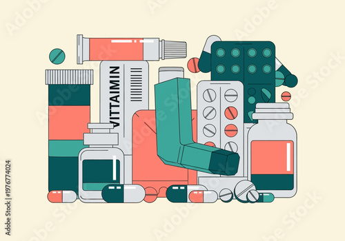 Flat Illustration of Diverse Medical Supplies, Prescription Pills, Asthma Inhaler, and Healthcare Products