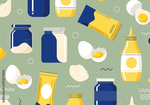 Modern Flat Vector Illustration of Food Ingredients, Condiments, Jars, Mustard Bottles, and Fresh Eggs on Green Background
