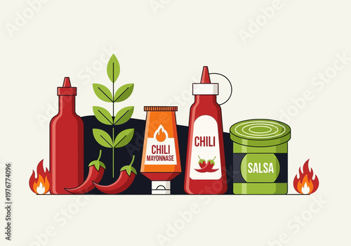 Flat Illustration of Spicy Condiments Set with Chili Sauce, Chili Mayonnaise, and Green Salsa