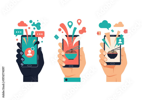 Set of Hands Holding Smartphones with Food Delivery and Social Media App Interfaces, Flat Design Illustration
