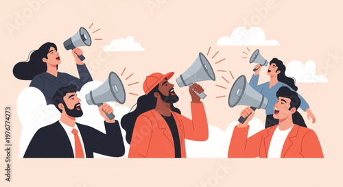 Diverse group of multiethnic men and women in professional and casual attire holding grey megaphones and shouting to make a public announcement or protest on a cloud background.