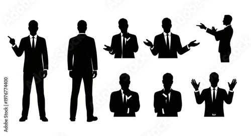 Silhouettes Of Businessmen In Various Gesture Poses.