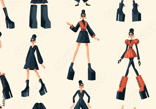 Stylish Fashion Illustration Pattern of Models in High Platform Boots and Trendy Outfits
