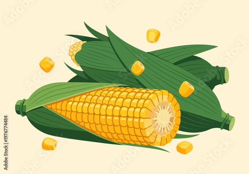Fresh Sweet Corn on the Cob with Husks and Scattered Kernels - Minimalist Flat Vector Illustration