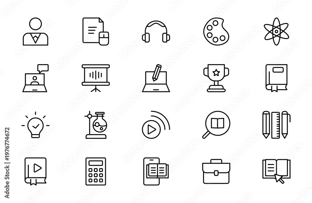 Fototapeta premium EdTech and Online Education Line Icon Set for E-Learning, Virtual Classroom, Students, Teachers, Certification, Video Tutorials and Digital Learning Outline Vector Collection