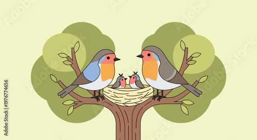 Charming illustration of a robin family in a cozy nest on a tree branch featuring cute cartoon style and warm pastel colors