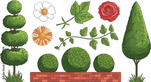 Garden landscaping elements collection with ornamental trees shrubs flowers leaves and hedge bushes vector illustration for park and landscape design