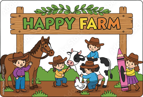 Happy farm cartoon scene with kids cow horse chicken and wooden sign rural agriculture vector illustration for children education design