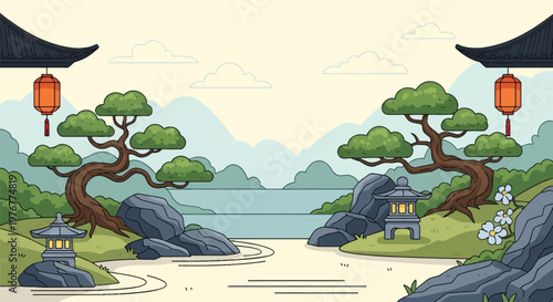 A stylized vector illustration of a traditional Japanese Zen garden featuring gnarled pine trees, stone lanterns, red hanging lanterns, raked sand, and distant blue mountains.