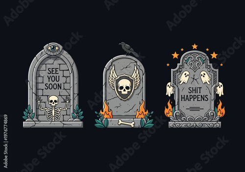 Set of Three Gothic Halloween Gravestones with Dark Humor Quotes and Spooky Illustrations