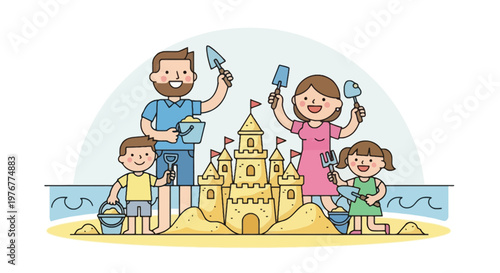 Cheerful cartoon family building sandcastle together on the beach with pails and shovels set against a sunny sky and blue sea waves