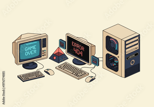 Retro Isometric Computer Setup with Error 404 and Game Over Screens, Vintage 90s Desktop PC and Gaming Hardware Illustration