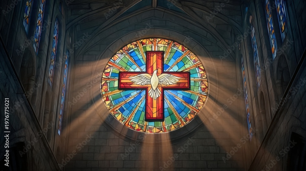 Obraz premium Stained Glass Window Featuring Dove Design in Vibrant Colors Illuminated by Natural Light