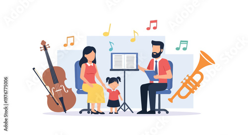Cheerful family music time illustration featuring parents daughter cello trumpet sheet music and colorful musical notes in a vibrant stylized scene