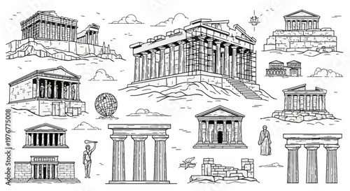 Collection of black and white engraved line art illustrations of ancient Greek architecture including the Parthenon, classical temples, Doric columns, Caryatid porch, and historic ruins.