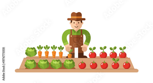 Cheerful farmer overseeing rows of vibrant cabbages carrots and tomatoes in a neatly arranged vegetable garden flat vector illustration