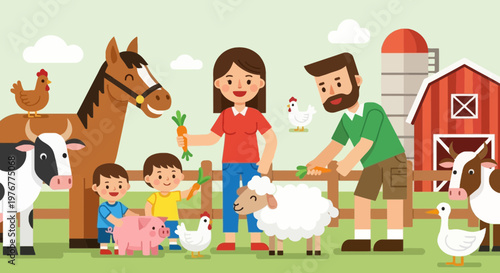 Cheerful farm scene illustration with family feeding animals: cartoon style vector of horse sheep cow pig chicken and barn