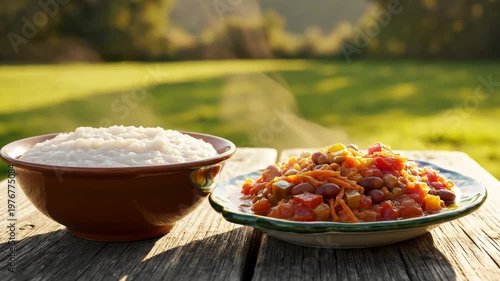 Outdoor Dining with Rice and Bean Dish on a Rustic Wooden Table