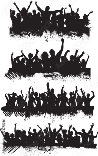 A vibrant vector illustration of a crowd of dancing silhouettes at a music concert party celebration with a group of people having fun as a black audience shadow against a sunset