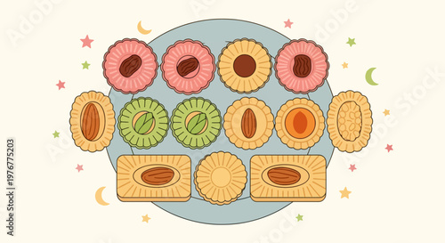 Collection of Maamoul pastries traditional Middle Eastern cookies filled with nuts and dates on a pale blue backdrop with festive star and moon decorations