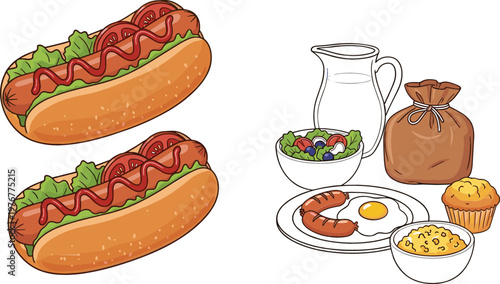 Hotdog fast food meal with breakfast plate salad milk jug and bakery items cartoon vector illustration for restaurant menu design