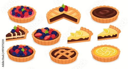 Vector illustration set of assorted sweet fruit tarts and pies featuring berry tartlets, lemon cream slices, chocolate ganache and lattice crust pastry isolated on white background.