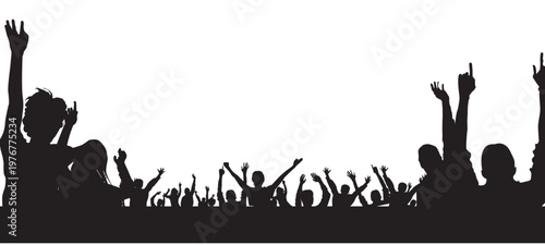 Vector illustration of a cheering crowd dancing at a music festival party inside a decorative frame of green grass for a celebration flyer design