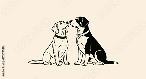 Minimalist line art vector illustration of two domestic dogs sitting and facing each other in profile; includes a light-colored Labrador retriever and a black and white spotted hound.