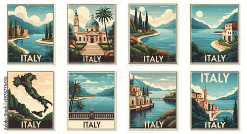 Set of eight vintage style travel posters for Italy featuring vector illustrations of Mediterranean landscapes, coastal towns, cathedrals, cypress trees, and a stylized map of the country.
