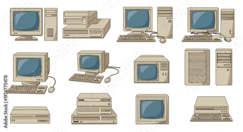 Collection of vintage computer hardware illustrations including CRT monitors, desktop towers, CPU cases, keyboards, and wired mice in a cartoon vector style isolated on white background.