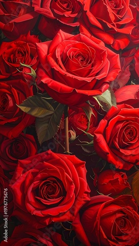 A dense cluster of vibrant red roses with lush green leaves